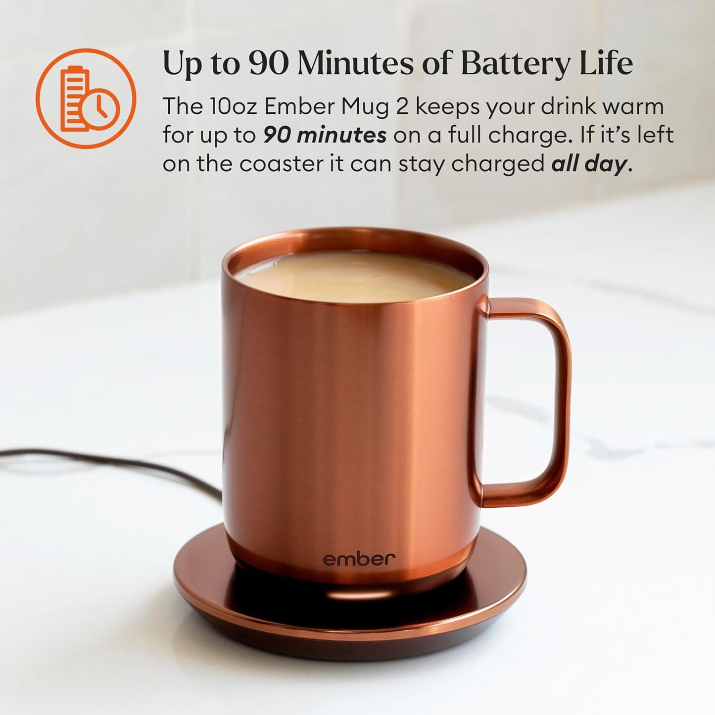 Temperature Control Smart Mug 2, 10 Oz, App-Controlled Heated Coffee Mug with 80 Min Battery Life and Improved Design, Copper