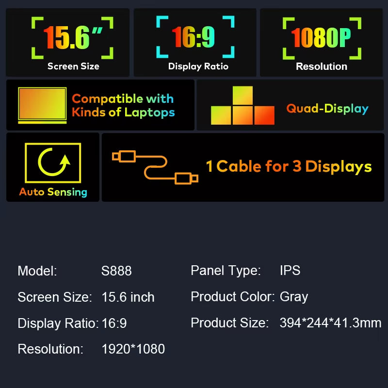 Top-Ranking Portable Monitor 15.6 Inch Lcd Display Extended Triple Screen 1080P Quad Monitor Extender Used Travel Gaming