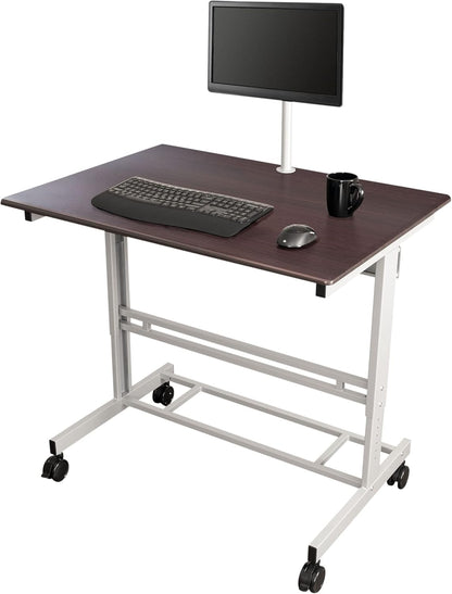 Rolling Adjustable Height Mobile Standing Desk with Monitor Mount (Silver Frame/Dark Walnut Top, 40" Wide)