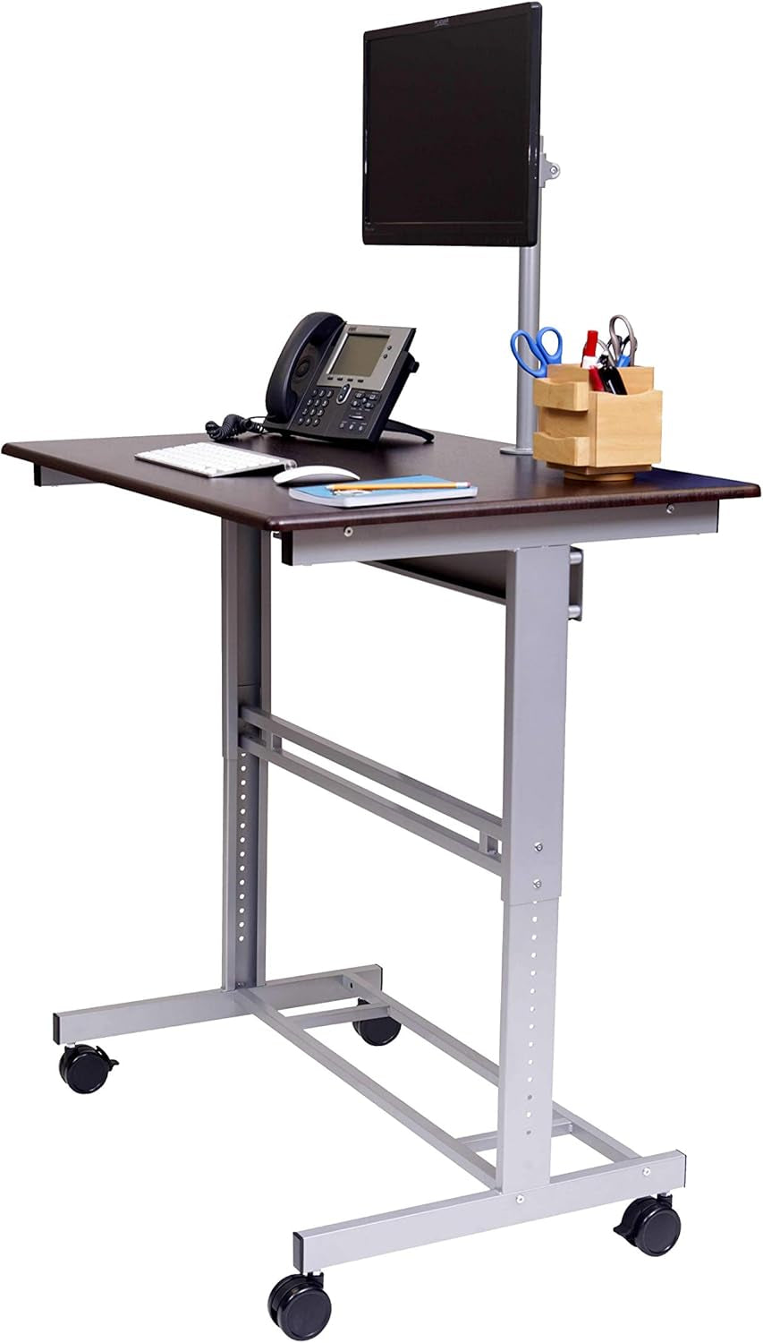 Rolling Adjustable Height Mobile Standing Desk with Monitor Mount (Silver Frame/Dark Walnut Top, 40" Wide)