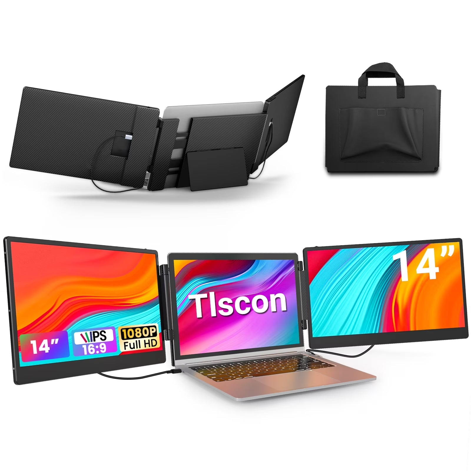 Portable Monitor, 14" IPS Triple Laptop Screen Extender Build-In Stand & Dual Speakers Fit for 13''-16.1'' , Plug and Play, Compatible with Windows, Macos, Chrome, Android, PS5