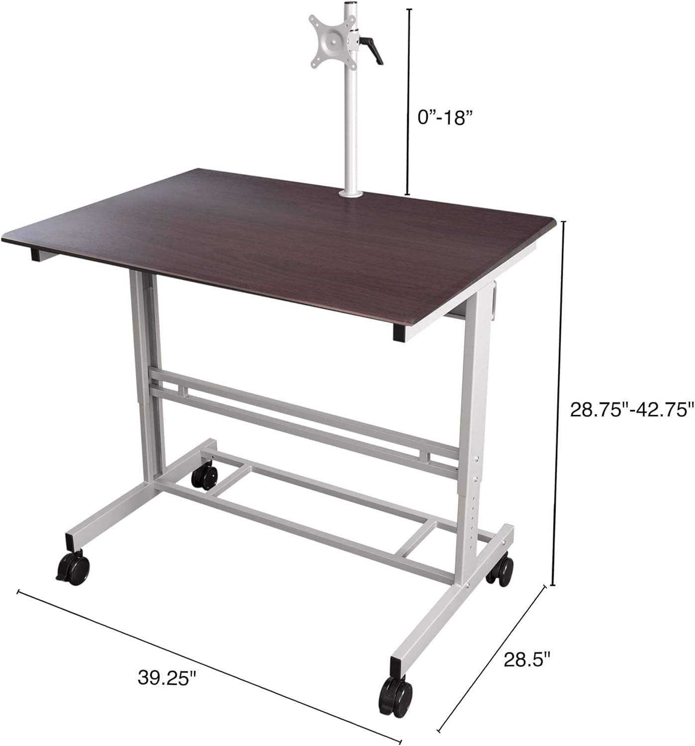 Rolling Adjustable Height Mobile Standing Desk with Monitor Mount (Silver Frame/Dark Walnut Top, 40" Wide)