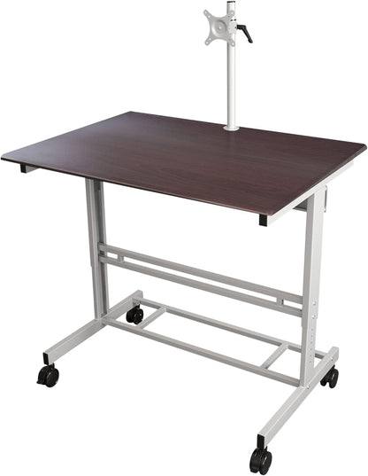 Rolling Adjustable Height Mobile Standing Desk with Monitor Mount (Silver Frame/Dark Walnut Top, 40" Wide)