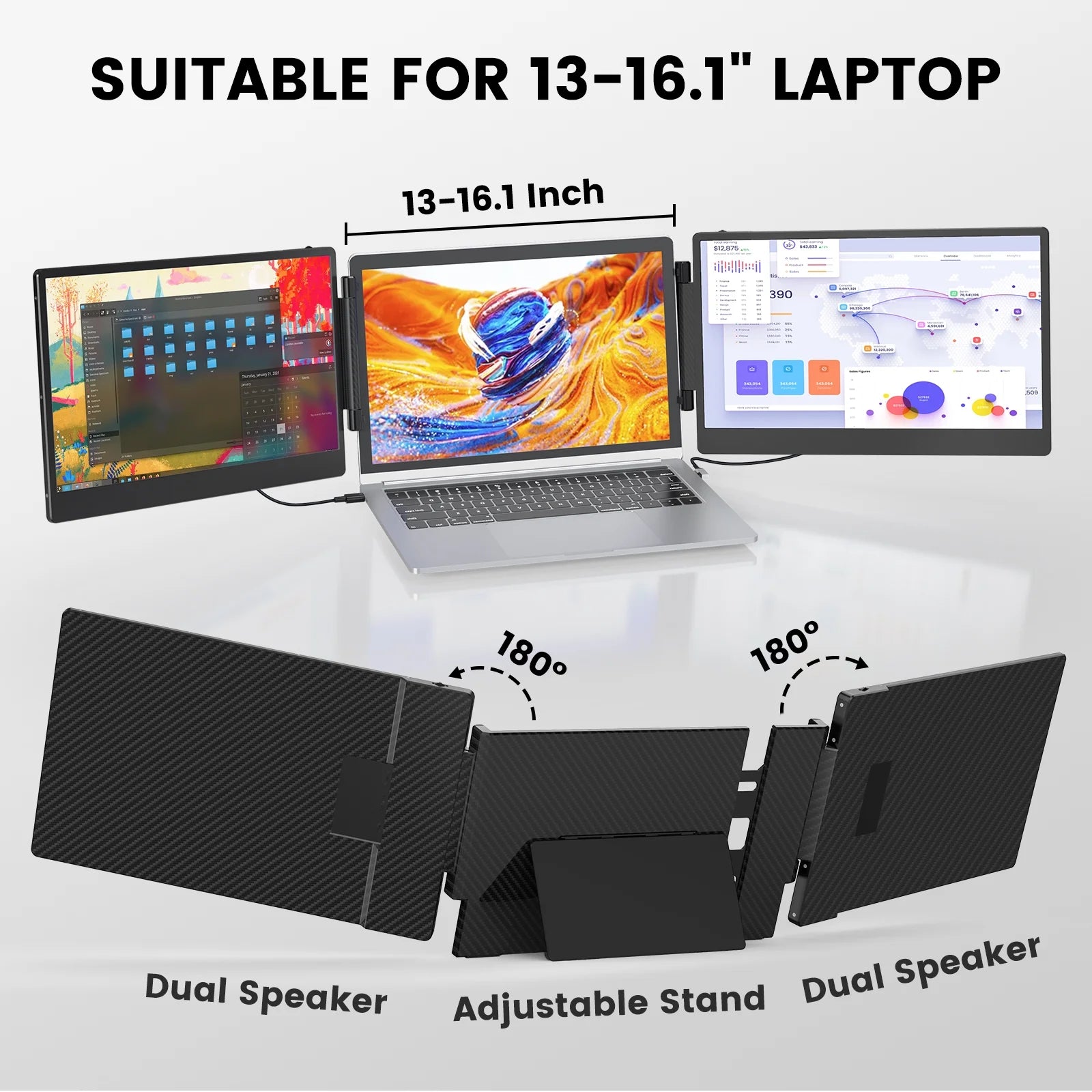 Portable Monitor, 14" IPS Triple Laptop Screen Extender Build-In Stand & Dual Speakers Fit for 13''-16.1'' , Plug and Play, Compatible with Windows, Macos, Chrome, Android, PS5