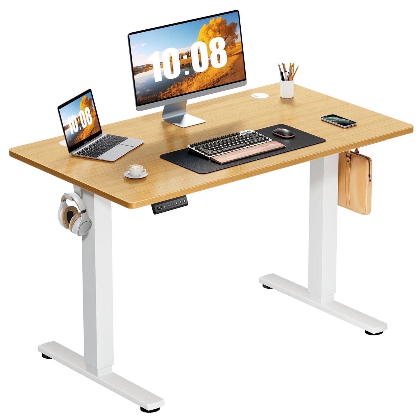 Electric Standing Desk with Double Drawer - 40 X 24 Inch Adjustable Height Sit to Stand up Desk with Storage Shelf, Rising Home Office Computer Table, Oak