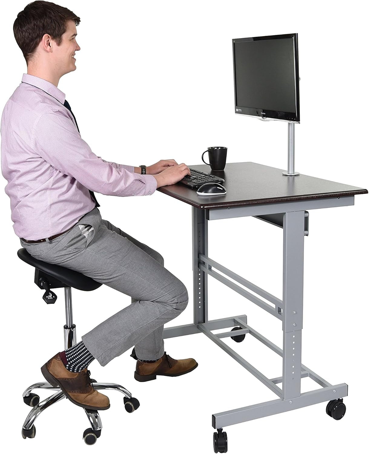 Rolling Adjustable Height Mobile Standing Desk with Monitor Mount (Silver Frame/Dark Walnut Top, 40" Wide)