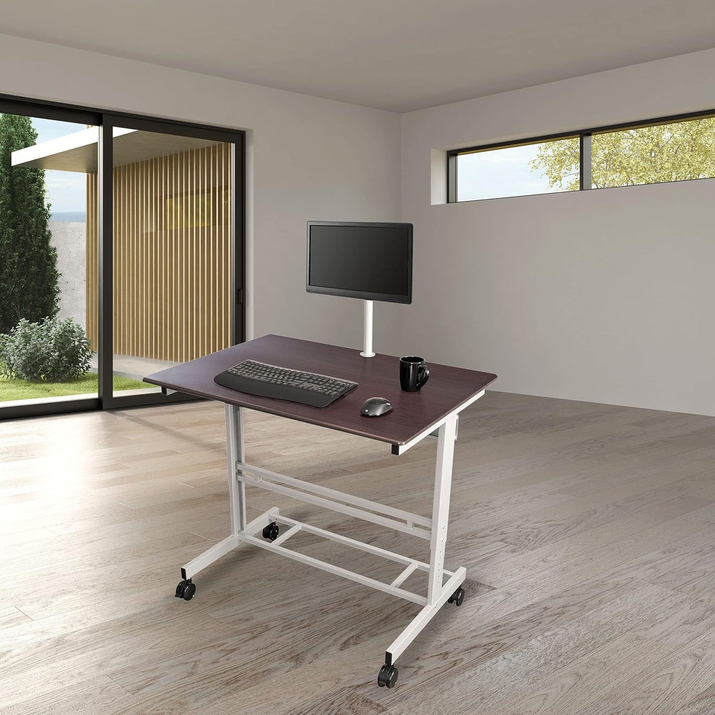 Rolling Adjustable Height Mobile Standing Desk with Monitor Mount (Silver Frame/Dark Walnut Top, 40" Wide)