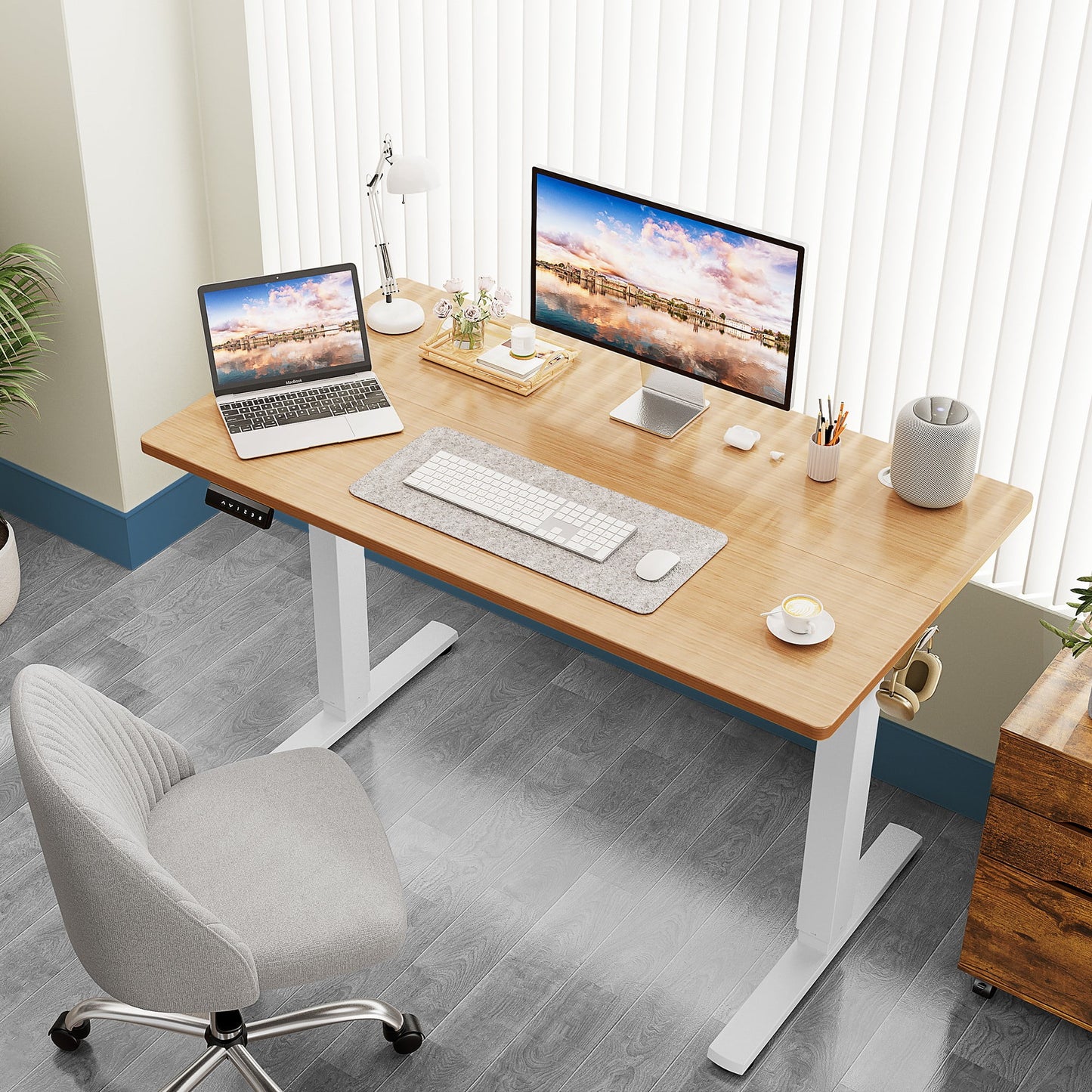 Electric Standing Desk with Double Drawer - 40 X 24 Inch Adjustable Height Sit to Stand up Desk with Storage Shelf, Rising Home Office Computer Table, Oak