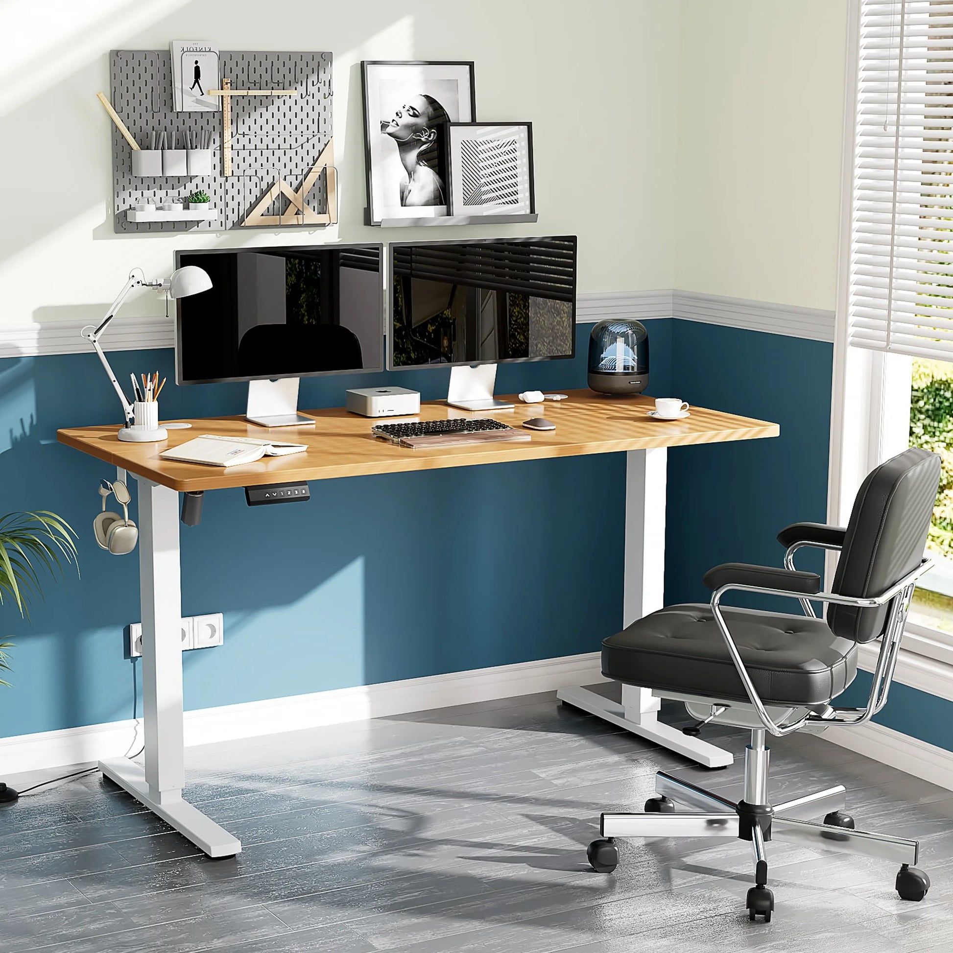 Electric Standing Desk with Double Drawer - 40 X 24 Inch Adjustable Height Sit to Stand up Desk with Storage Shelf, Rising Home Office Computer Table, Oak