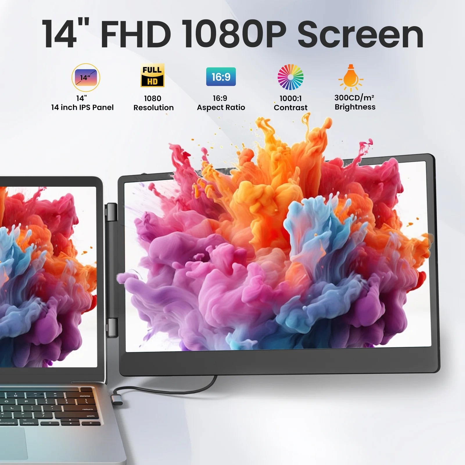 Portable Monitor, 14" IPS Triple Laptop Screen Extender Build-In Stand & Dual Speakers Fit for 13''-16.1'' , Plug and Play, Compatible with Windows, Macos, Chrome, Android, PS5