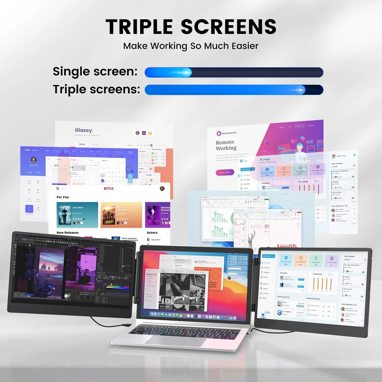 Portable Monitor, 14" IPS Triple Laptop Screen Extender Build-In Stand & Dual Speakers Fit for 13''-16.1'' , Plug and Play, Compatible with Windows, Macos, Chrome, Android, PS5