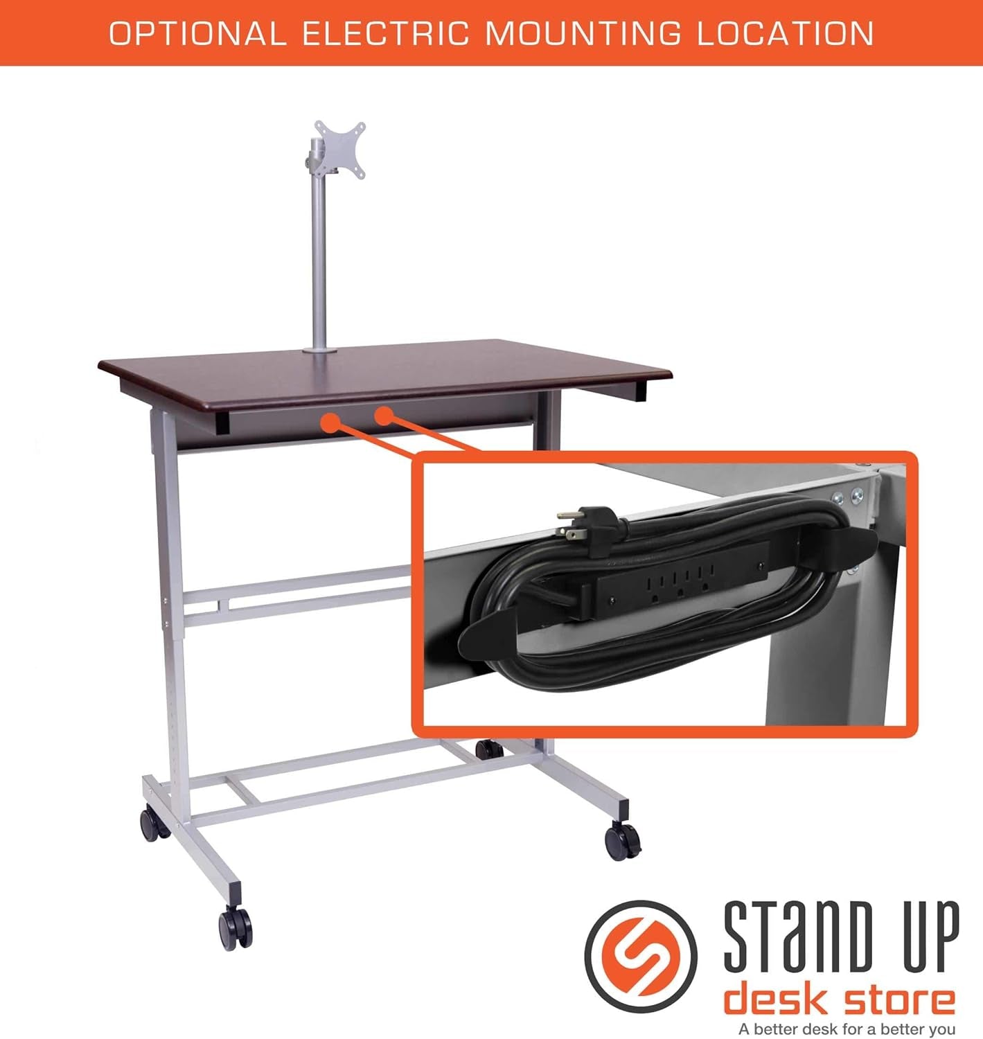 Rolling Adjustable Height Mobile Standing Desk with Monitor Mount (Silver Frame/Dark Walnut Top, 40" Wide)