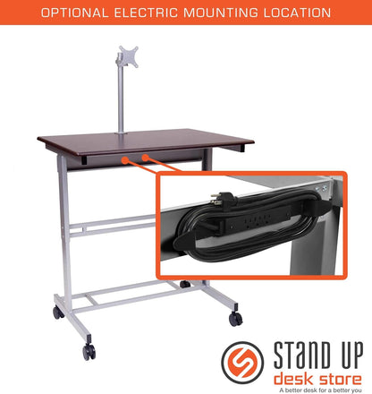 Rolling Adjustable Height Mobile Standing Desk with Monitor Mount (Silver Frame/Dark Walnut Top, 40" Wide)